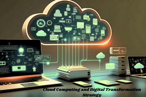 Cloud Computing and Digital Transformation Strategy with connected devices and digital cloud icons.