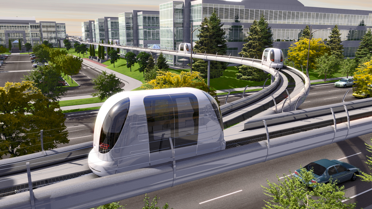 Futuristic automated pod transportation system on elevated tracks in a modern urban cityscape with green spaces and advanced infrastructure