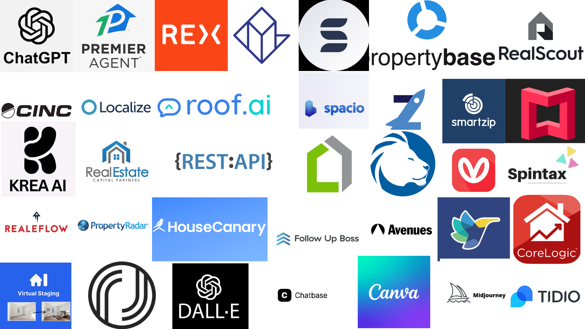 Logos of various AI tools and software used in real estate, including ChatGPT, Canva, DALL·E, Propertybase, CoreLogic, and others representing the top 30 AI tools for real estate assistantsTop 30 AI Tools for Real Estate Assistants — revolutionizing how agents manage, market, and close deals using smart automation and analytics.
