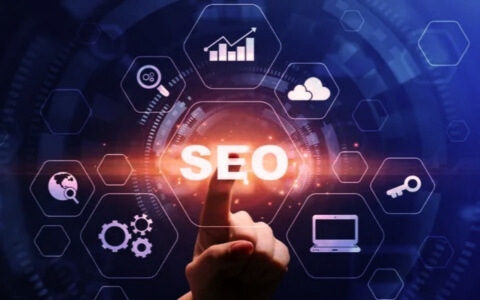 A person touching a digital SEO icon surrounded by technology and marketing symbols representing search engine optimisation strategies.
