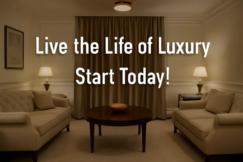 A luxurious living room with elegant furniture, soft lighting, and minimalistic décor. The overlay text reads "Live the Life of Luxury: Start Today!"