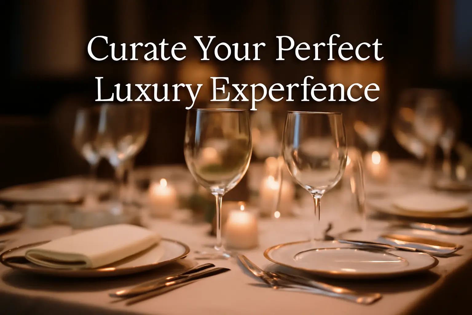 Elegant dining table with fine china, crystal glassware, and soft ambient lighting, featuring the text 'Curate Your Perfect Luxury Experience' at the top.