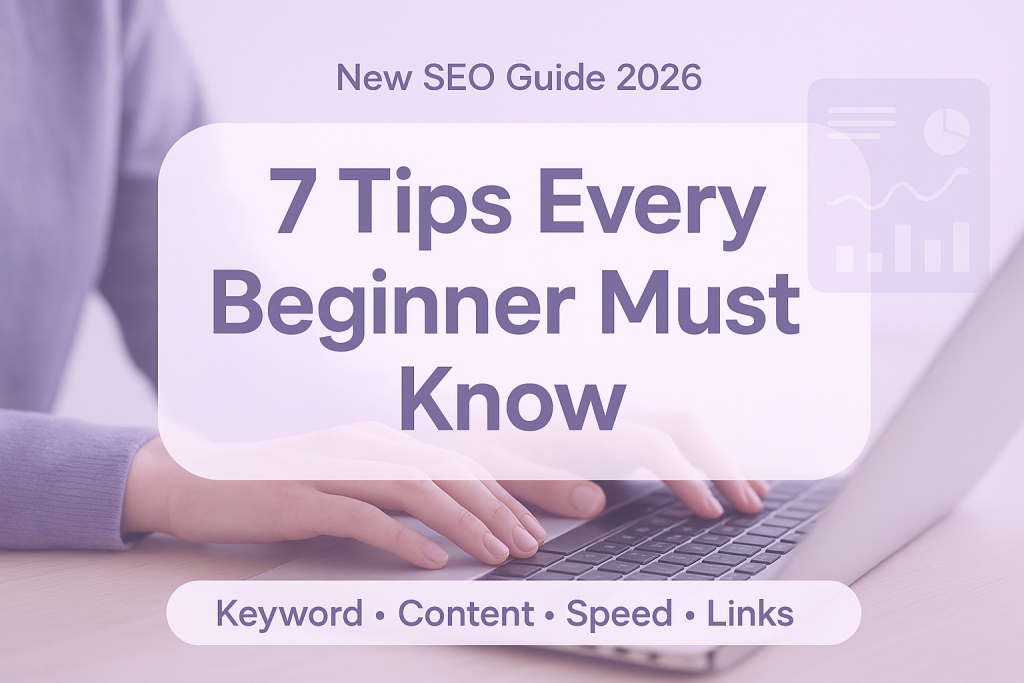 Hands typing on a laptop with a soft purple background, search bar graphic, and centered text saying “7 Tips Every Beginner Must Know” for an SEO guide promo.