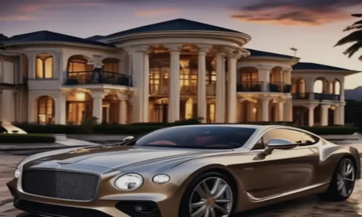 Luxury lifestyle with an elegant mansion and sleek sports cars at sunset, symbolizing wealth, exclusivity, and modern lavish living.