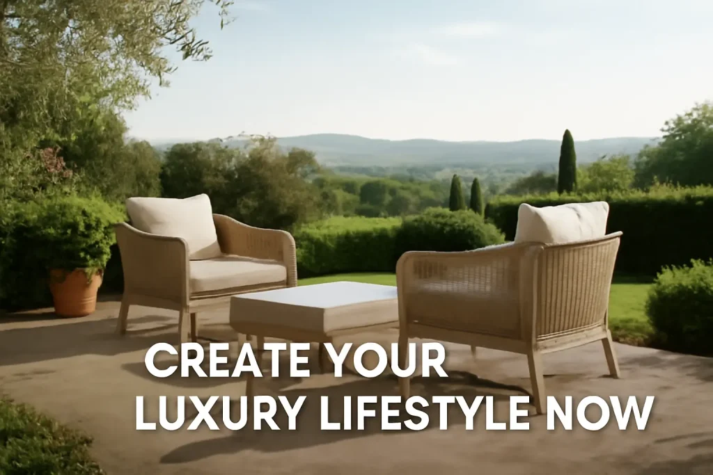 Serene outdoor terrace with comfortable seating and lush green scenery, featuring bold text that reads "Create Your Luxury Lifestyle Now.