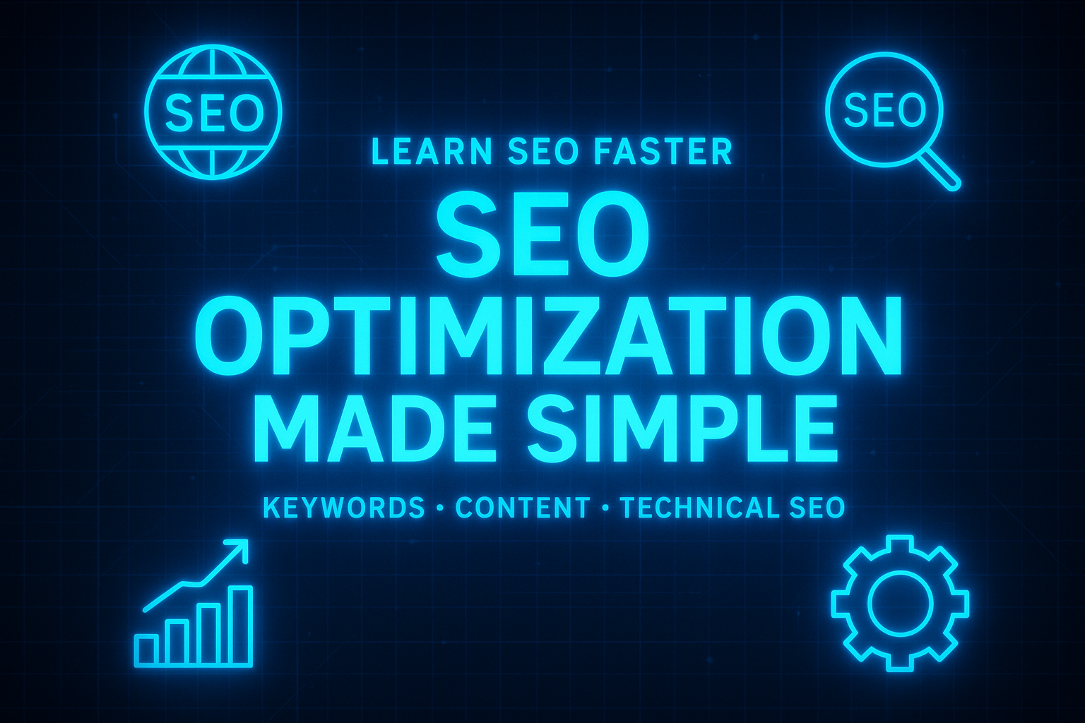 Promotional SEO graphic showing a laptop with Google search results, upward ranking graph, and icons for keywords, content, and links with centered headline text.