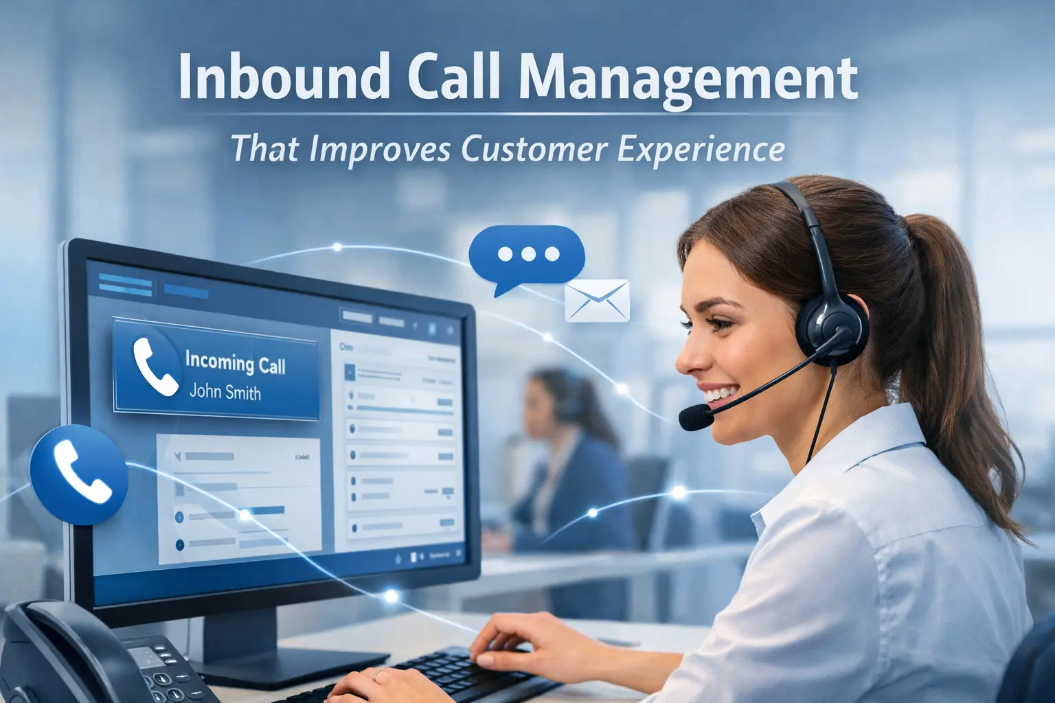 Professional inbound call management system with customer support agent handling incoming calls using CRM software